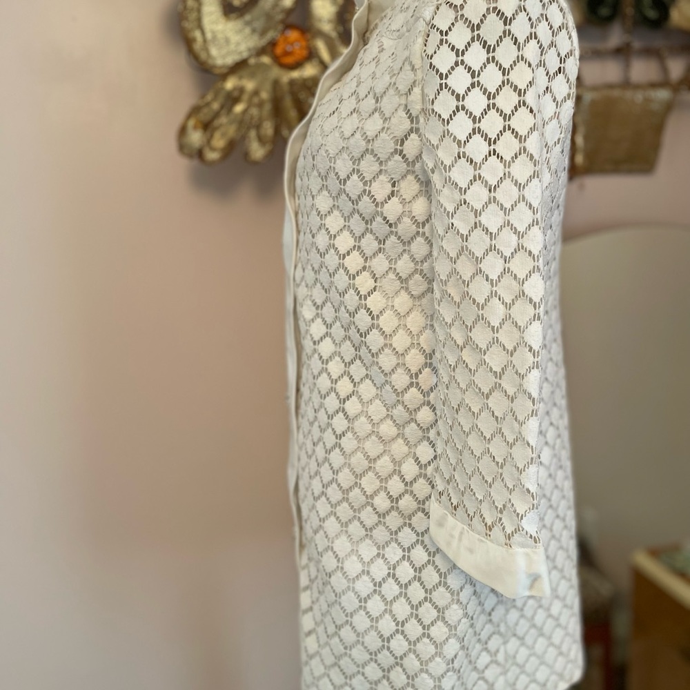 Elegant Showgirl White Lace DressCoat with Rhinestone Buttons  Satin Trim Size S